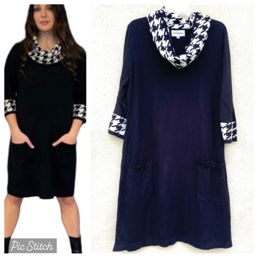 STUDIO I sweater dress houndstooth black white knit shift pockets Plus size 1X